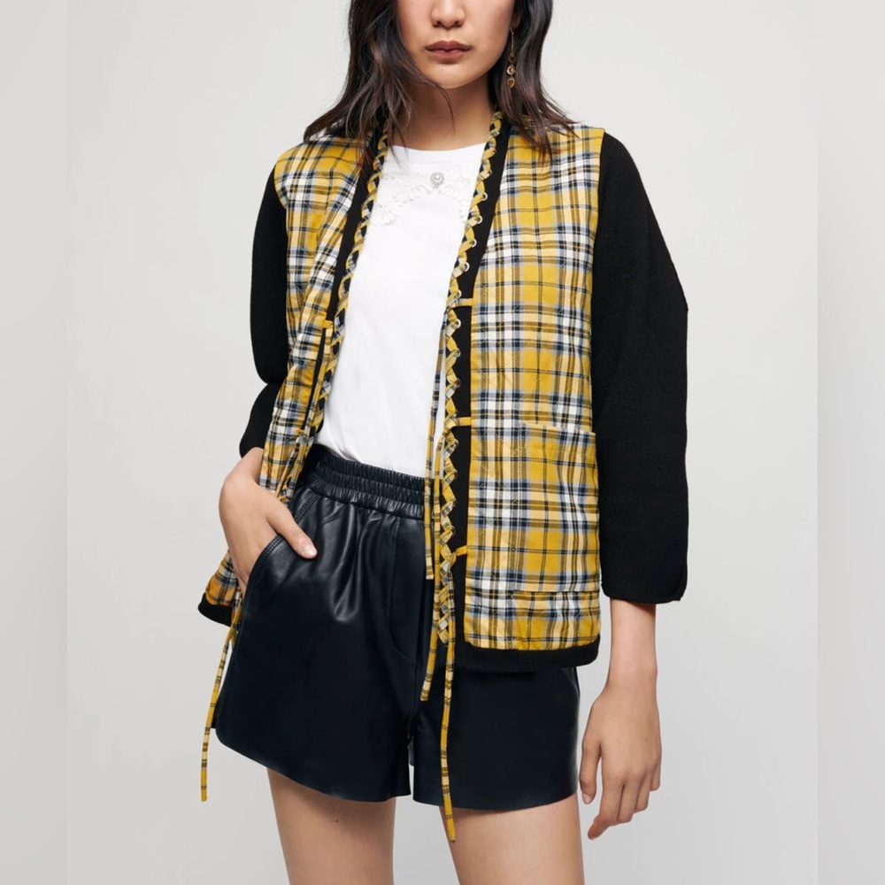 MAJE Mystero Reversible Checked Cardigan in Black Yellow